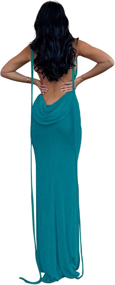 Volemo Slip Bodycon Dresses for Women Spaghetti Strap Lace Up Backless Cowl Neck Maxi Mermaid Coc... | Amazon (US)
