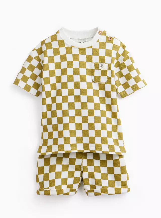 Buy Khaki Checkerboard Print T-Shirt & Shorts Set 6-9 months | Baby Holiday Clothes | Tu | Tu Clothing