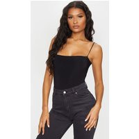 Black Slinky Square Neck Spaghetti Strap Bodysuit | PrettyLittleThing CAN
