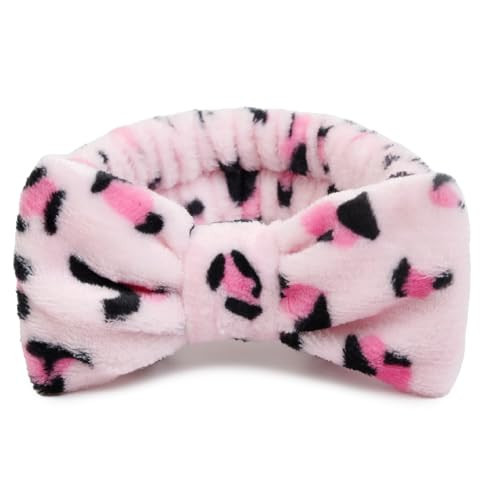 Huachi Pink Leopard Soft Microfiber Spa Headbands for Women Washing Face, Cute Skincare Headband with Bow, Face Wash Headbands for Teen Girls, Party Favors Bow Hair Band | Amazon (US)