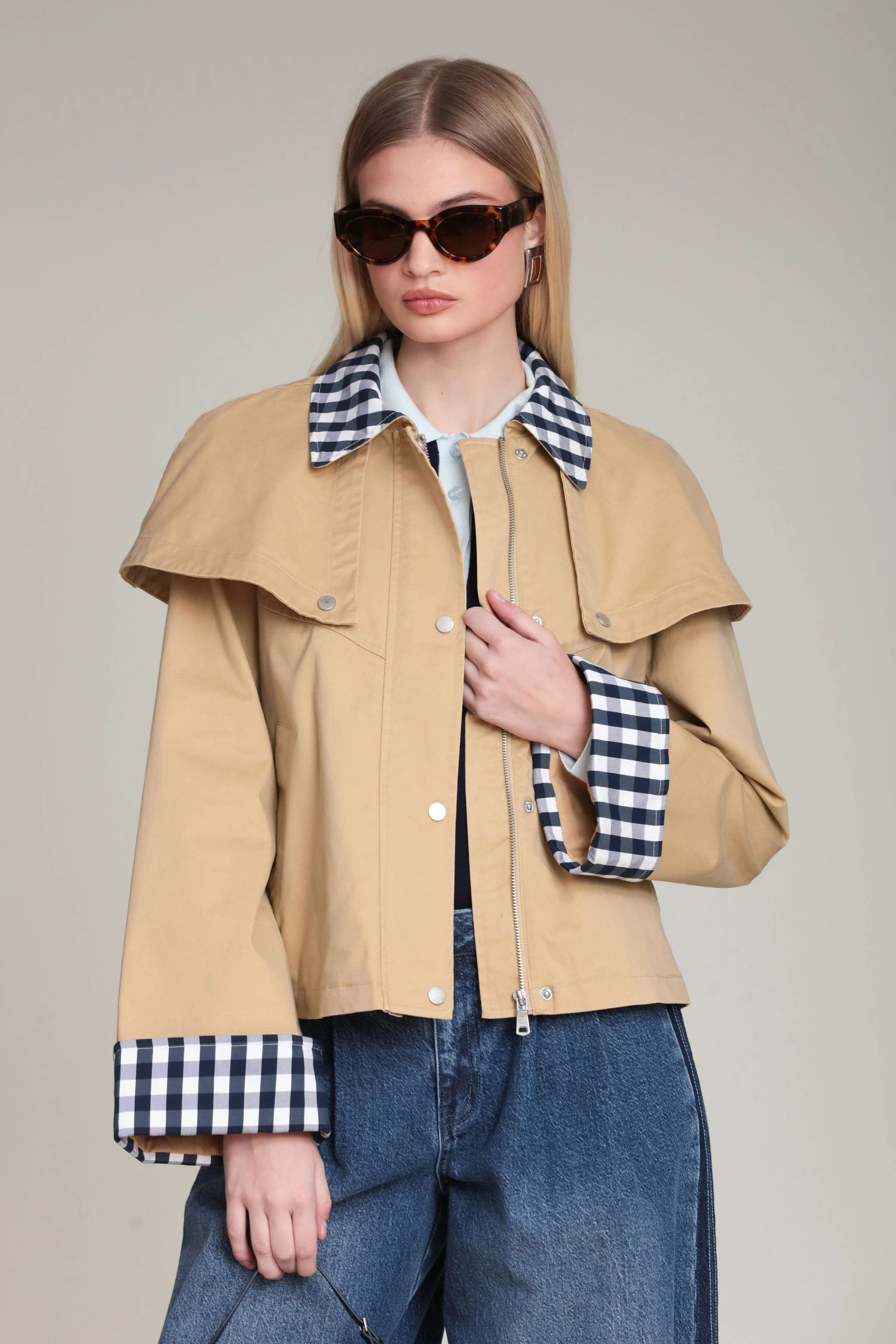 Gingham Trim Cotton Cape Jacket | Avec Les Filles