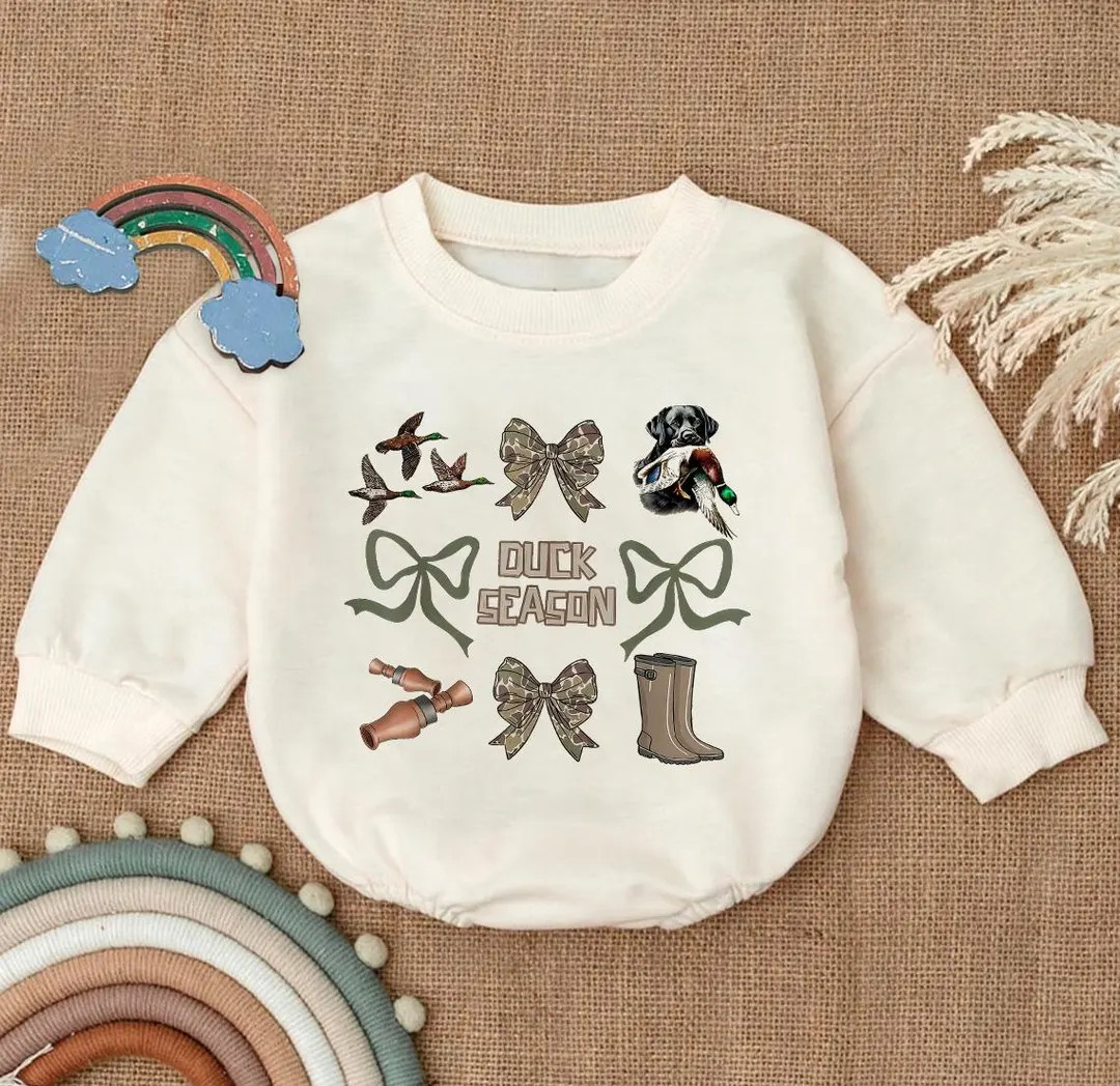 Duck Season Romper Sweatshirt, Camo Coquette Bow Baby Bodysuit, Duck Hunting Newborn Outfit, Outd... | Etsy (US)