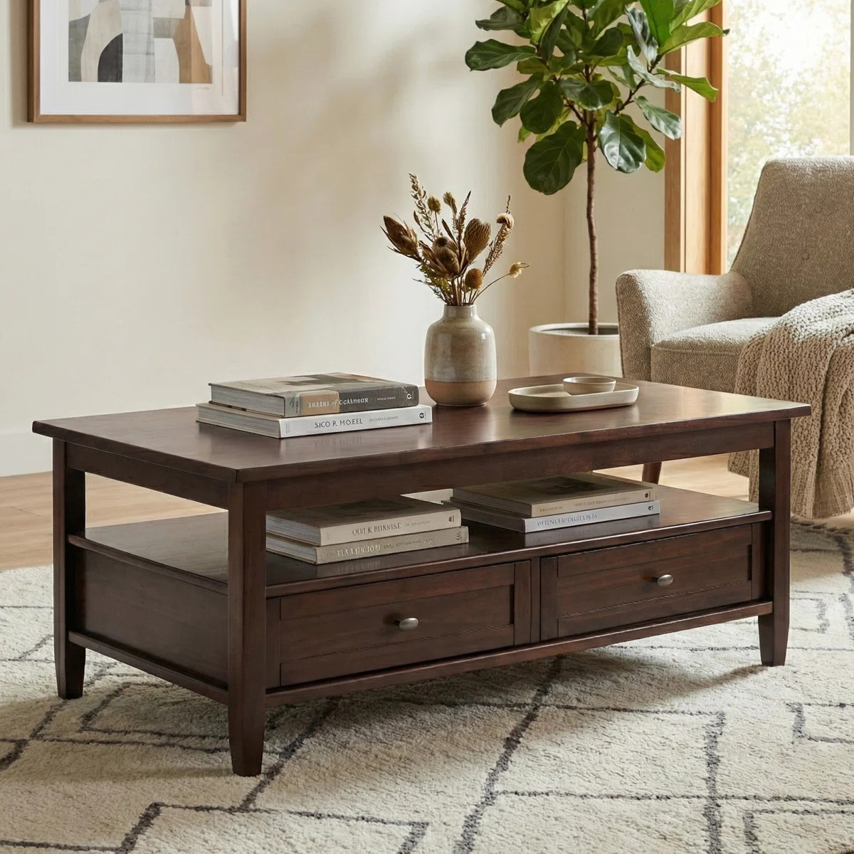 Warm Shaker 48"W Solid Wood Transitional Coffee Table with Storage Drawers and Open Shelf | Wayfair North America