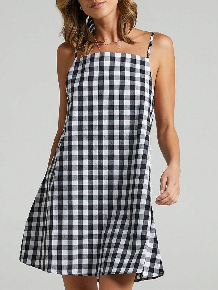 SHEIN Essnce Women's Summer Black And White Check Woven Back Tie Casual Tie Boho Vacation Babydol... | SHEIN