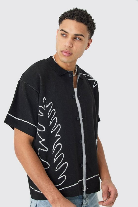 Boxy Jacquard Knit Abstract Detail Shirt In Black | boohooMAN (US & Canada)