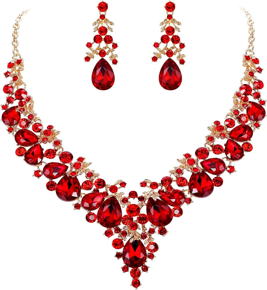 EVER FAITH Women's Crystal Elegant Bridal Floral Cluster Teardrop Statement Necklace Earrings Set | Amazon (US)