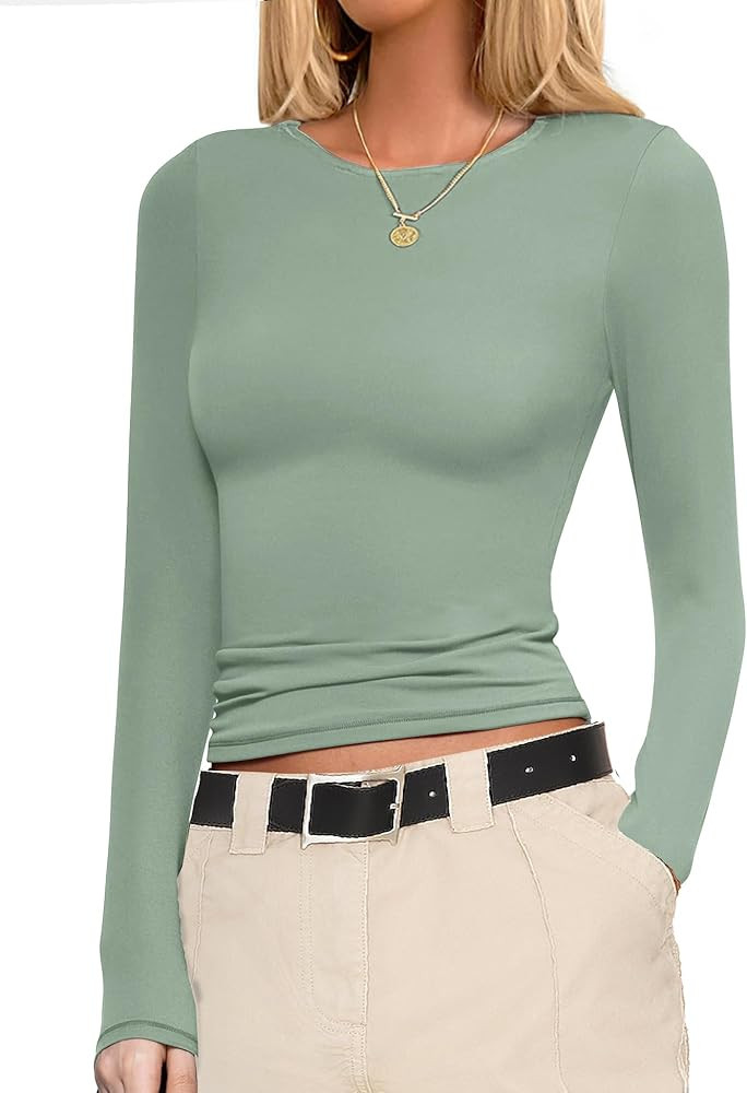 Ekouaer Womens Long Sleeve Shirts Fitted Tops Stretchy Base Layer Tight Basic Thermal Undershirt ... | Amazon (US)