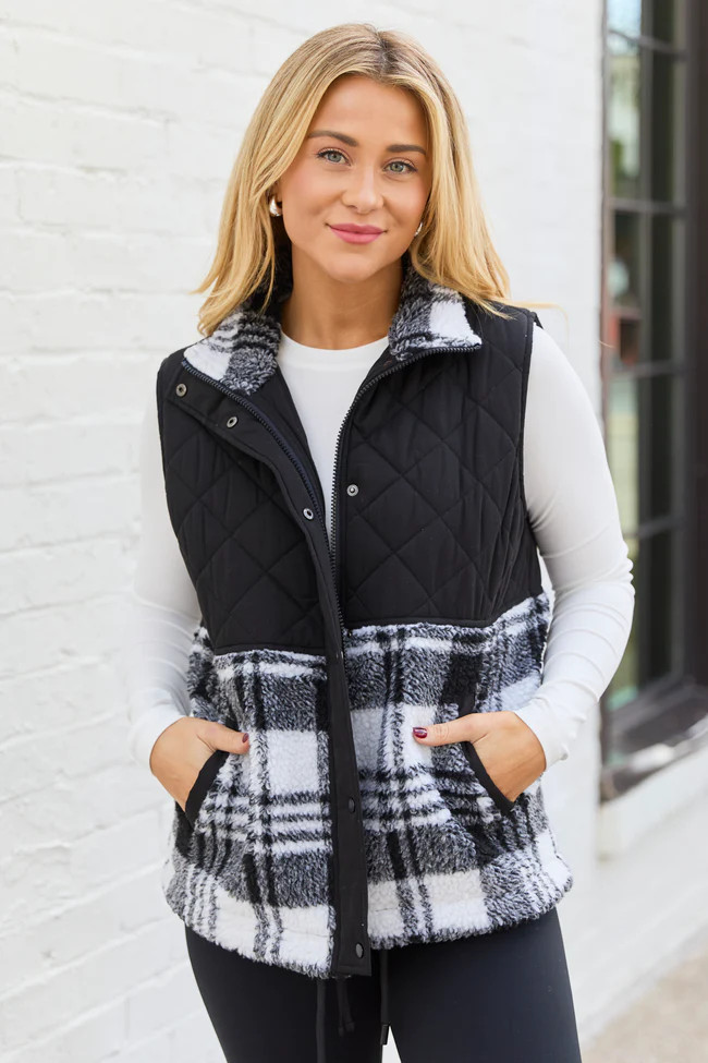 Tasha Black and White Plaid Sherpa Quilted Vest | Pink Lily
