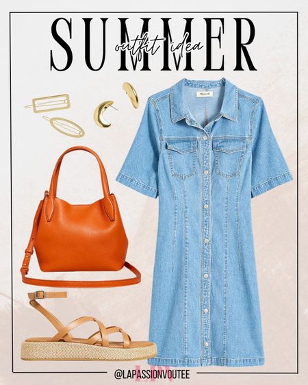 Denim darling: Embrace the ease of summer in a denim mini shirtdress, effortlessly chic and versatile for any occasion. Add flair with playful hair clips and statement earrings. Keep your essentials close in a mini tote bag and step up your style game with platform sandals. Ready for sunny adventures!

#LTKSeasonal #LTKstyletip