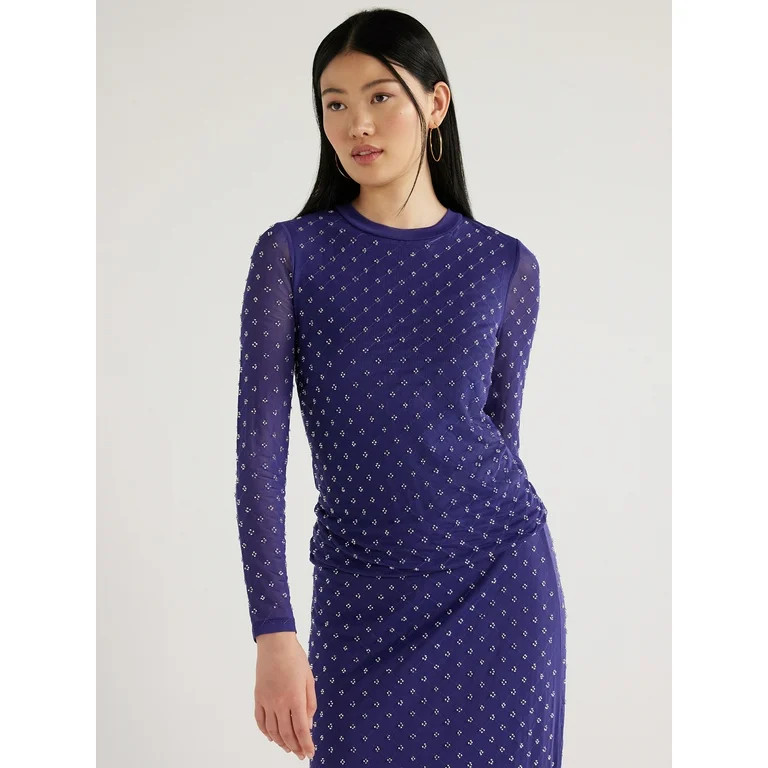 Scoop Women’s Crystal Embellished Mesh Top, Sizes XS-XXL - Walmart.com | Walmart (US)