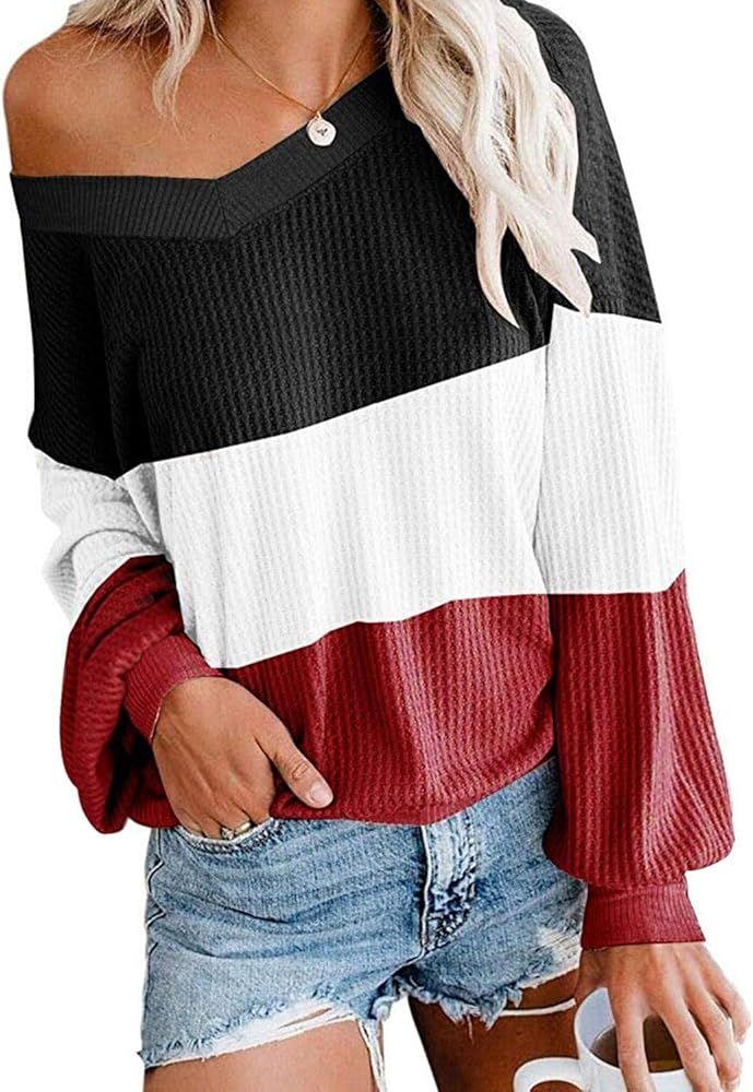 Glanzition Womens Off The Shoulder Tops V Neck Waffle Knit Shirts Long Sleeve | Amazon (US)