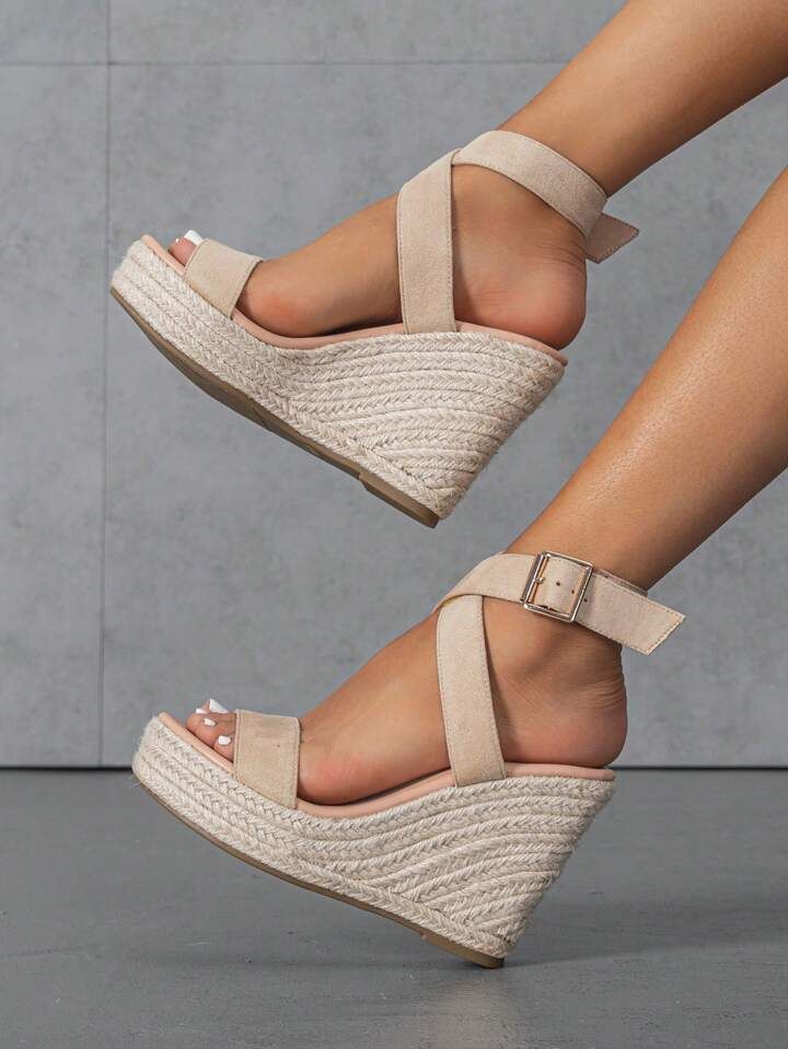 Women Minimalist Espadrille Ankle Strap Wedge Sandals, Vacation Summer Faux Suede Sandals | SHEIN