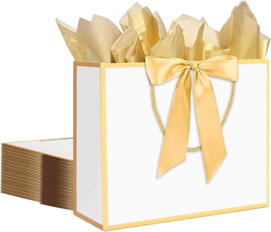 12 pcs White Gift Bags with Handles 12.6x4.5x10 Inches Large Paper Bags with Bow Ribbon and Tissu... | Amazon (US)