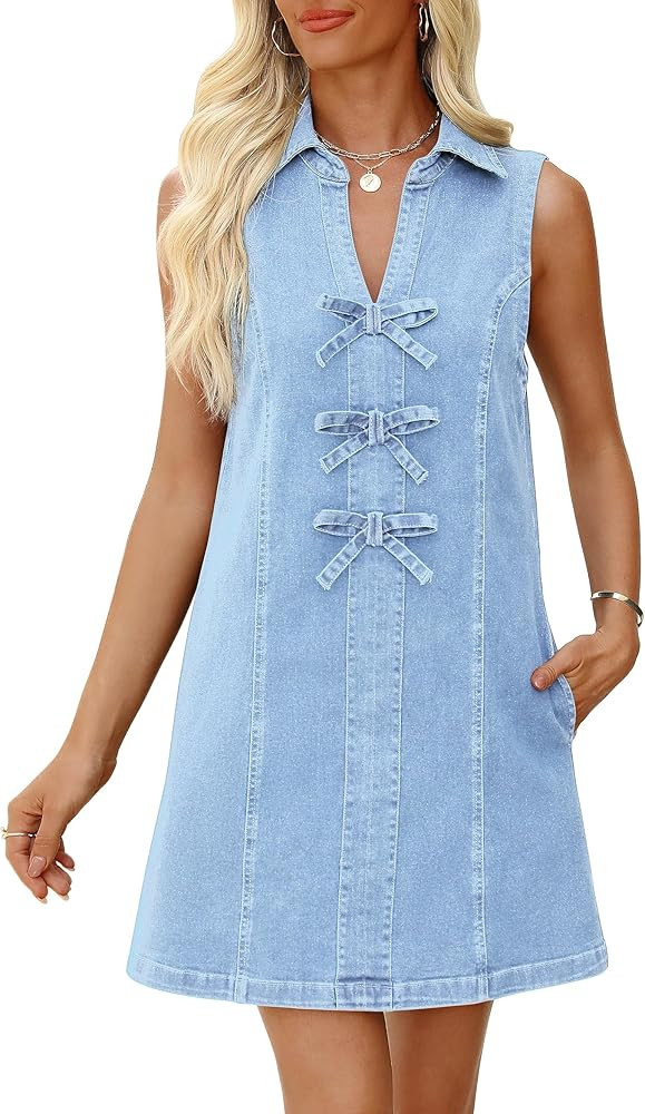 Denim Dress for Women Sleeveless Jean Dress V Neck A Line Bow Tie Front Casual Mini Dresses with ... | Amazon (US)