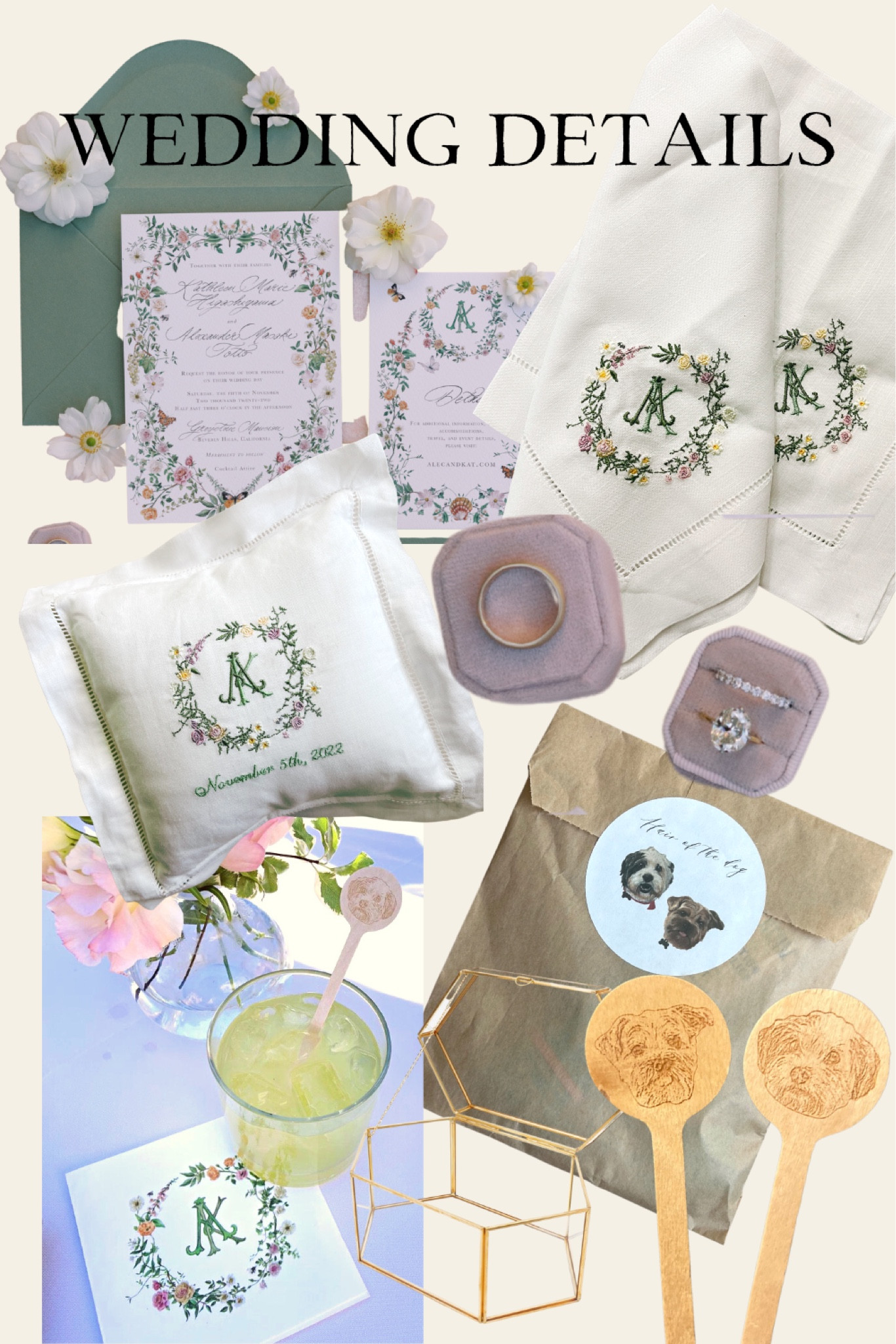 Kat & Alec’s wedding details, including custom crest/monogram, invitations, ring bearer pillow, dog drink stirrers, glass & brass card box, monogrammed cocktail napkins, linen napkins, welcome bag bags, & velvet ring box. #weddingdetails #wedding #etsy

#LTKwedding #LTKunder100 #LTKstyletip