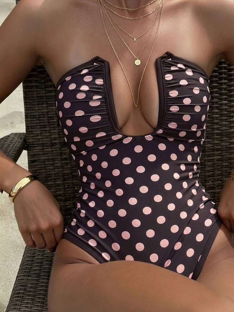 Chic Polka Dot Monokini Cut-Out One-Piece Swimsuit 2026 Women Deep U Neck Ruch Bandeau Bathing Su... | SHEIN