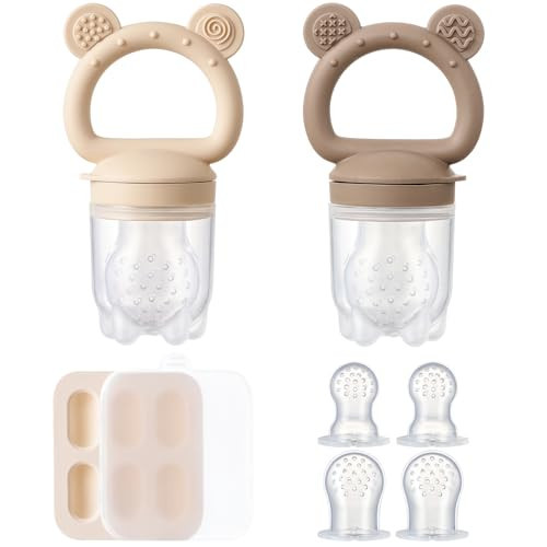 2 Pack Silicone Baby Fruit Feeder with Mini Freezer Tray, Breastmilk Popsicle Molds for Baby Teething Relief, Teethers, Fresh Food Feeder for Safe Infant Self Feeding, Extra Food Pouches - Chocolate | Amazon (US)