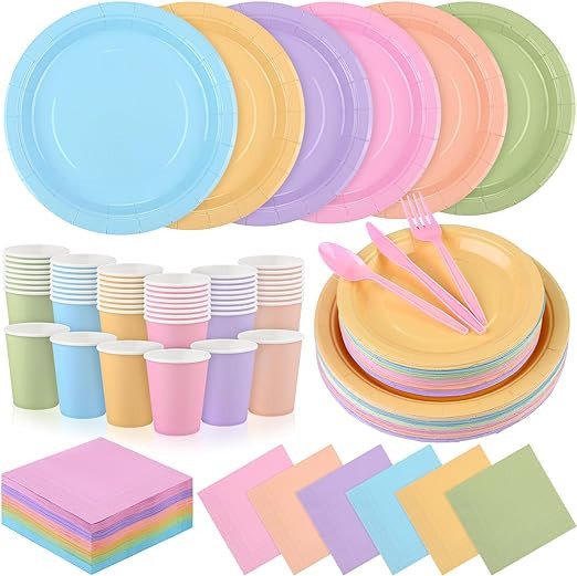 durony 360 Pieces Pastel Rainbow Disposable Party Supplies Include 7" and 9" Pastel Paper Plates ... | Amazon (US)