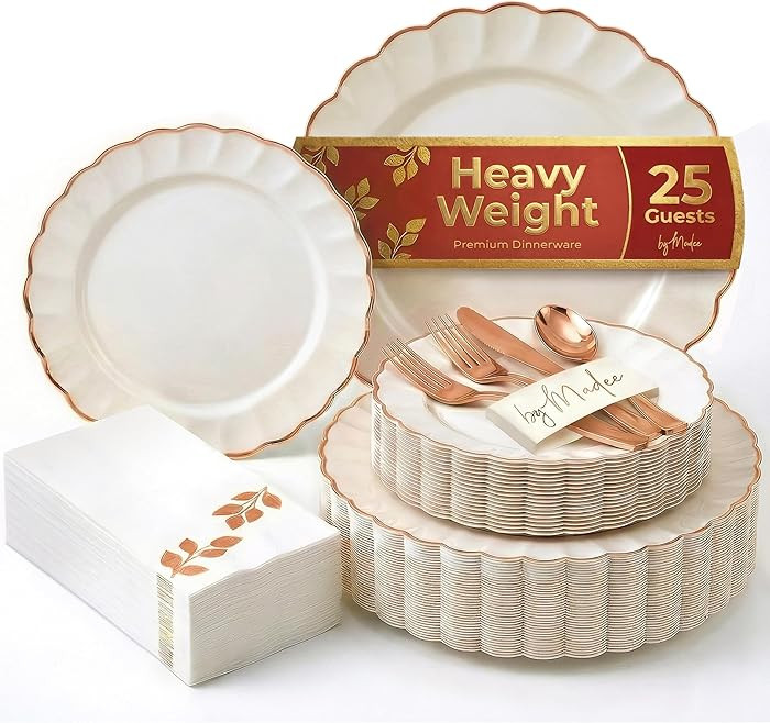 By Madee HEAVYWEIGHT Fancy Disposable Dinnerware Set – 175-Piece Ivory and Scalloped Rose Gold ... | Amazon (US)