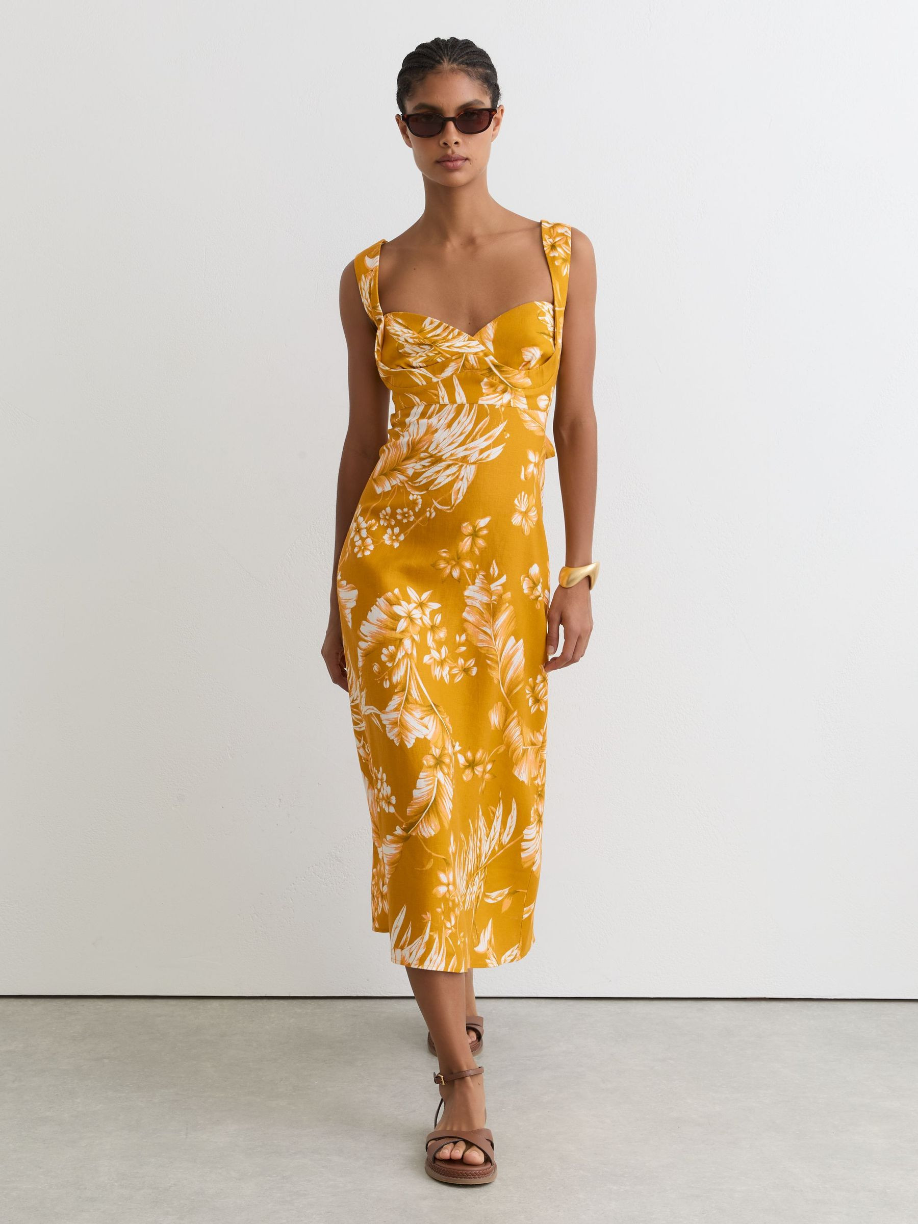 Reiss Linen Floral-Print Midi Dress in Yellow - REISS | Reiss UK
