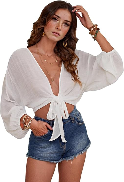 GORGLITTER Women's Tie Front Top Sheer Lantern Long Sleeve Solid Blouse Kimono | Amazon (US)