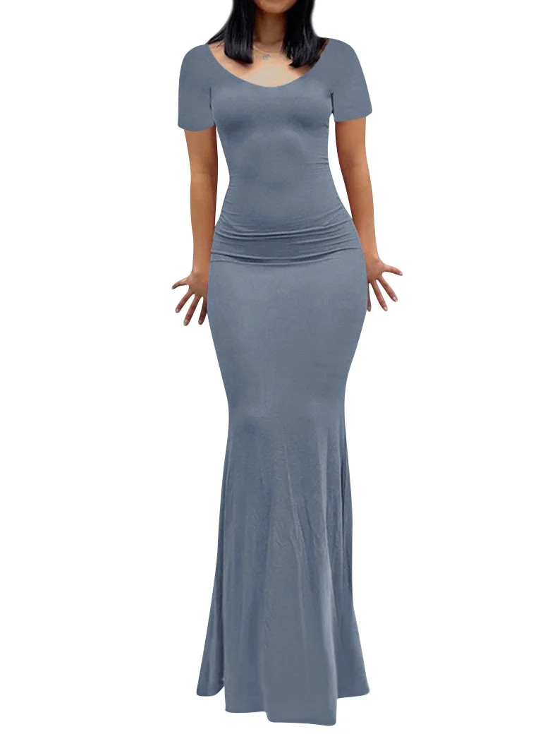 STARVNC Women Boat Neck Short Sleeve Bodycon Fishtail Maxi Dress | Walmart (US)