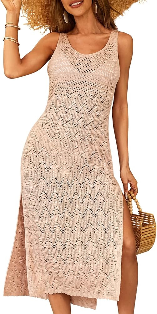 SOCIALA Womens Long Swimsuit Coverup Side Split Beach Crochet Dress Sleeveless Bathing Suit Cover... | Amazon (US)