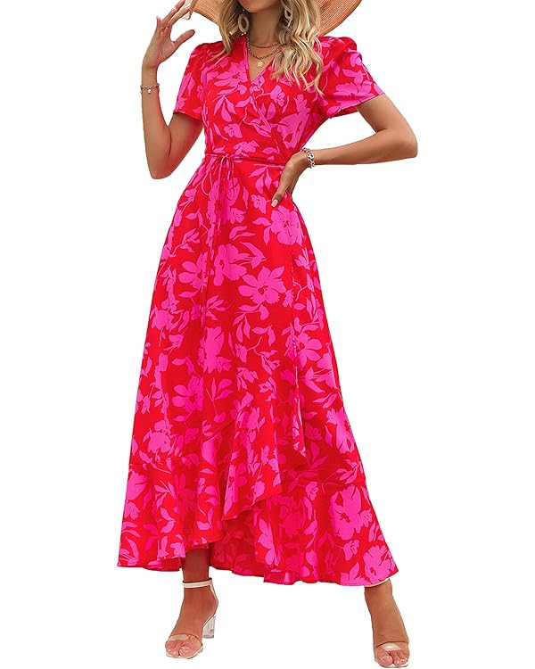 PRETTYGARDEN Womens Summer Wrap Maxi Dress Casual Boho Floral V Neck Short Sleeve Ruffle Hem Spli... | Amazon (US)