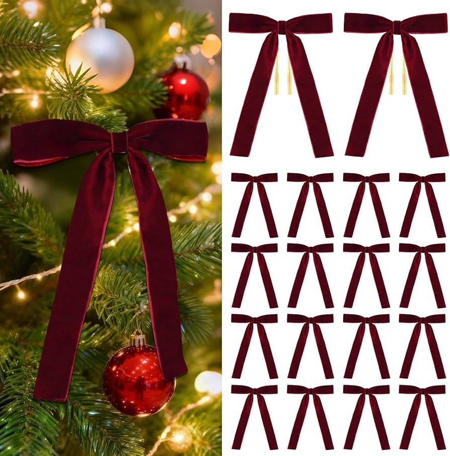 18 Pcs Burgundy Velvet Bows for Christmas Tree – Burgundy Velvet Christmas Tree Bows, Holiday D... | Amazon (US)