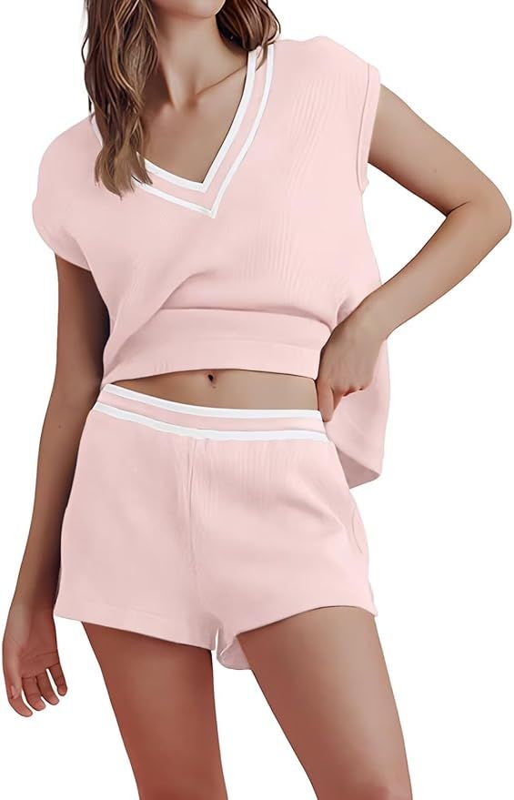 Lounge Sets for Women 2 Piece Shorts Womens Pajama Sets Waffle Pj Sets Matching Outfits Set S-XXL | Amazon (US)