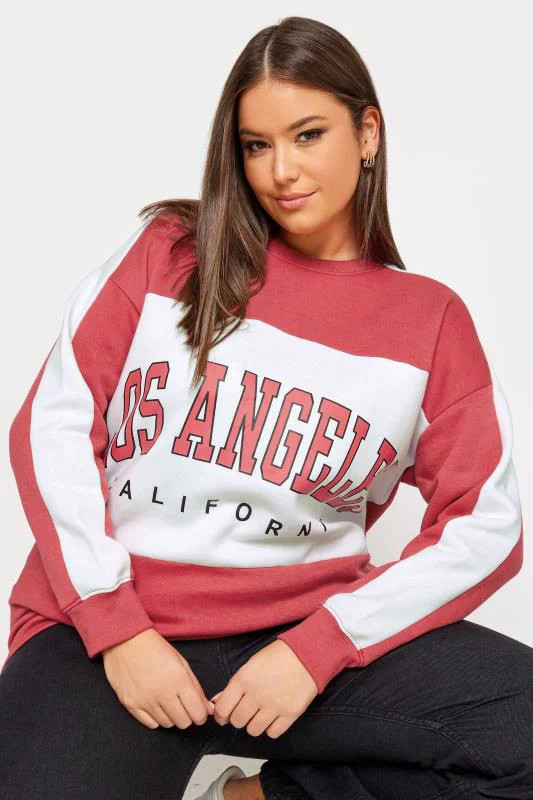 YOURS Curve Red 'Los Angeles' Slogan Varsity Sweatshirt | Yours Clothing UK