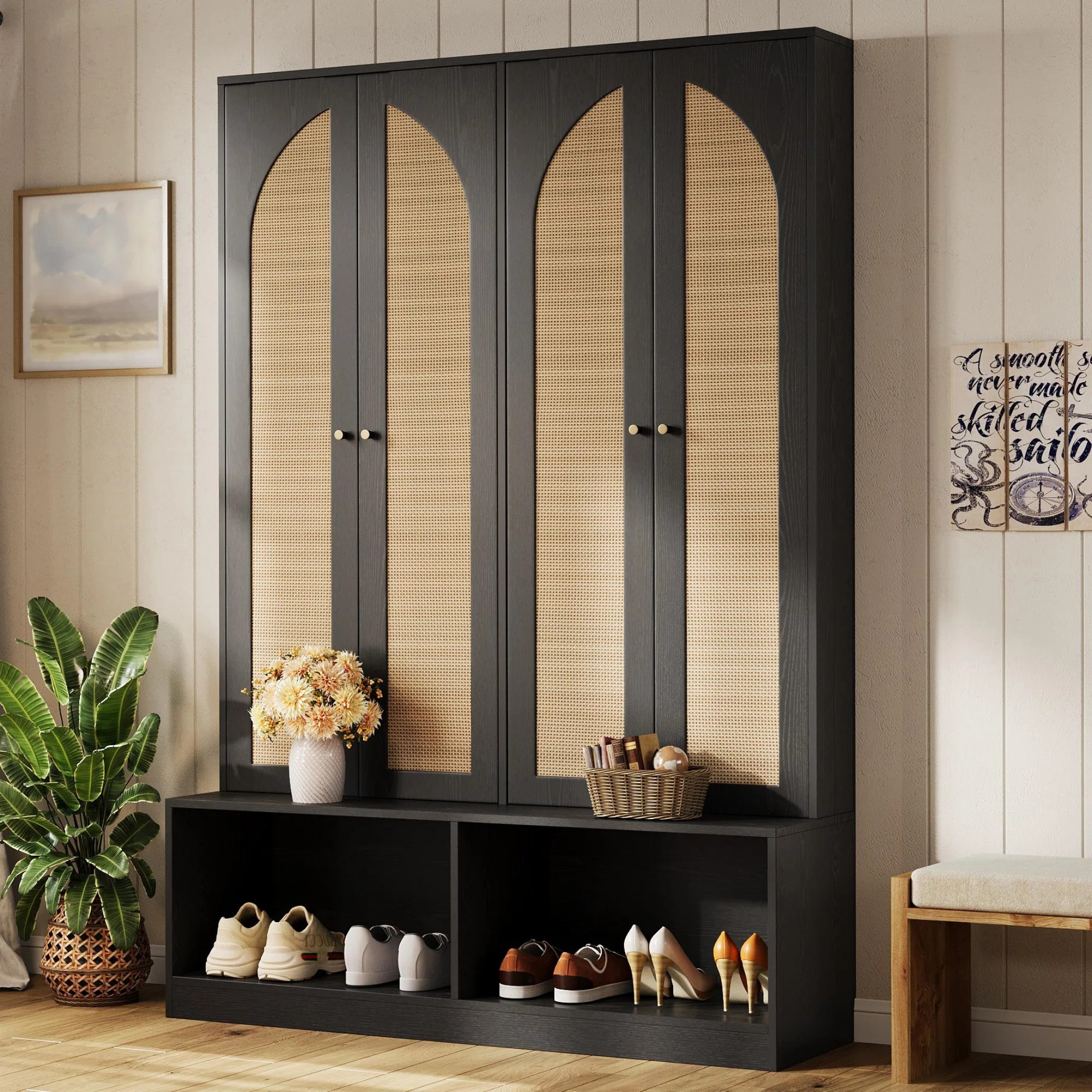 Bay Isle Home\u2122 Farmhouse Entryway Hall Tree with Rattan Doors, 4-in-1 Seating Bench & Shoe C... | Wayfair North America