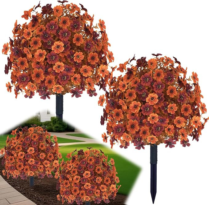 Set of 2 Fall Artificial Mums Flowers Boxwood Topiary Ball Bush with Ground Spike, 23" UV Resista... | Amazon (US)