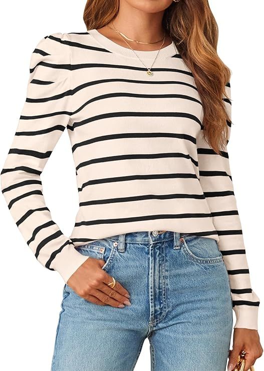 MEROKEETY Women's 2024 Striped Long Puff Sleeve Tops Casual Crew Neck Knit Pullover Sweaters Shir... | Amazon (US)