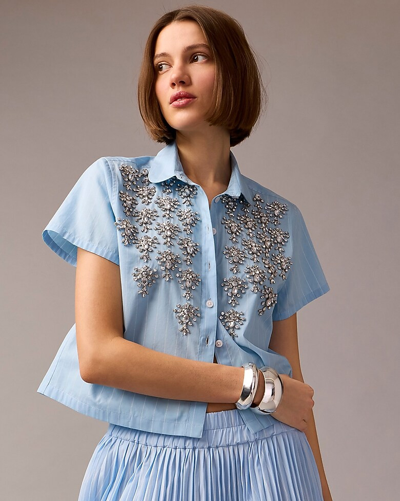 Collection cropped button-up shirt with embellishments in pinstripe print | J. Crew US