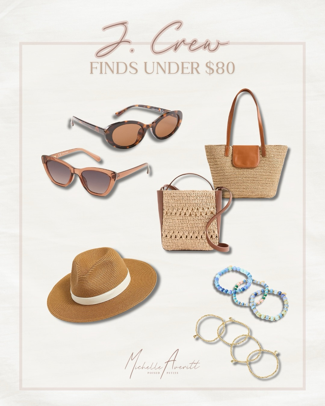 J. Crew steals under $80! These accessories are must haves for the spring and summer. 

Classic sunglasses, stylish bags, vacation ready hats, and gorgeous beaded jewelry are my favorite finds!

Affordable accessories, fashion over 40, spring style

#LTKOver40 #LTKPetite #LTKootd