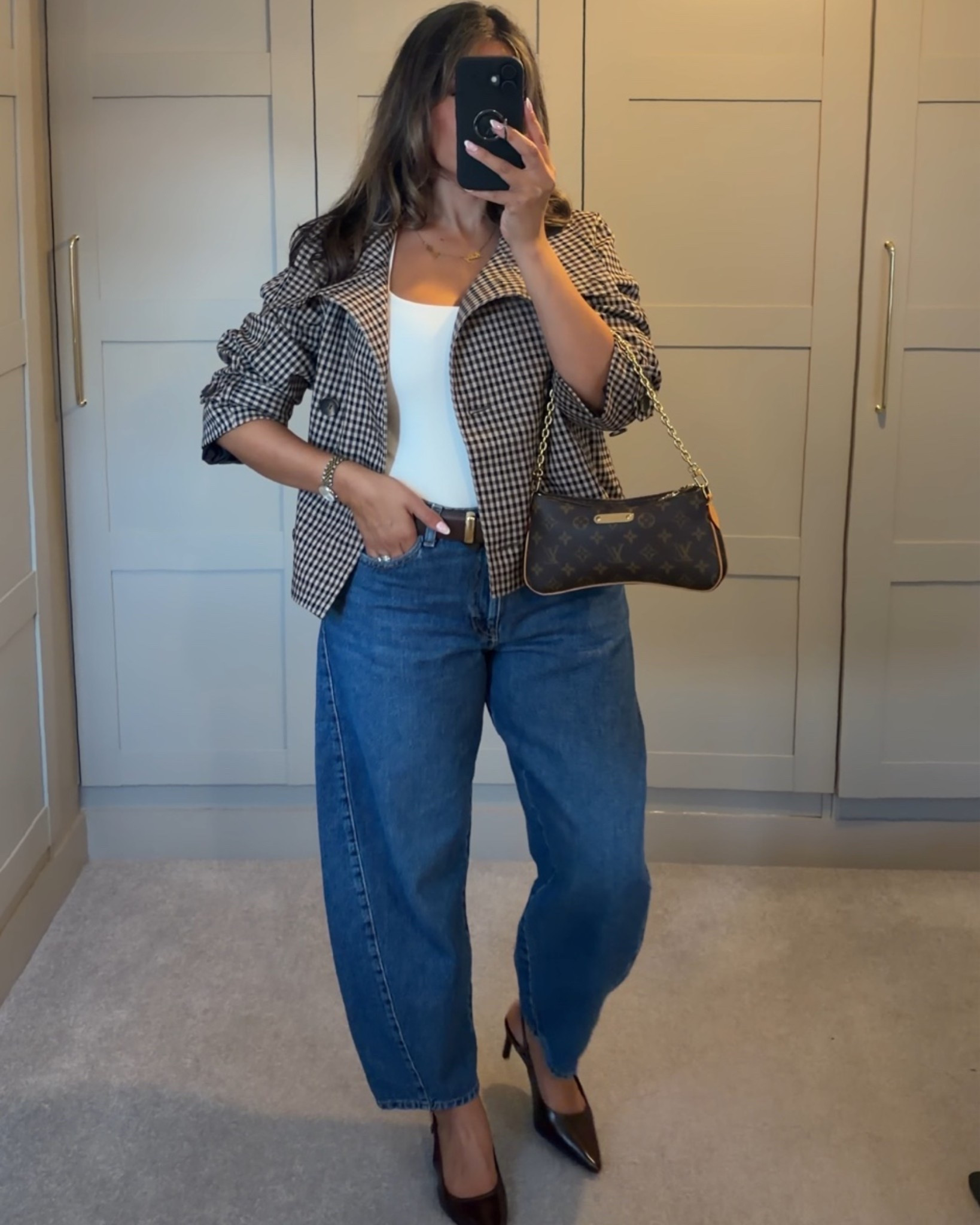 Saturday night dinner and drinks outfit 🤎 

Barrel leg jeans size 12 regular length.
Check short trench jacket size xs

#LTKautumn #LTKdatenight #LTKstyletip