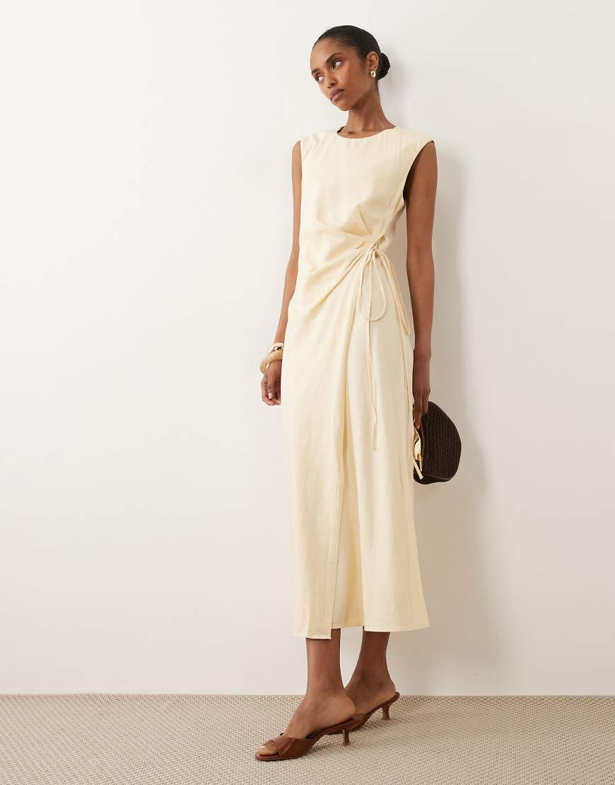 Mango linen mix tie waist sleeveless midi dress in butter yellow | ASOS (Global)