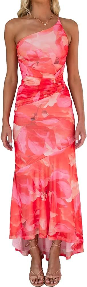 Vakkest Women's Floral Print One Shoulder Dress Ruched Sleeveless Boho Long Y2k Beach Cocktail Pa... | Amazon (US)