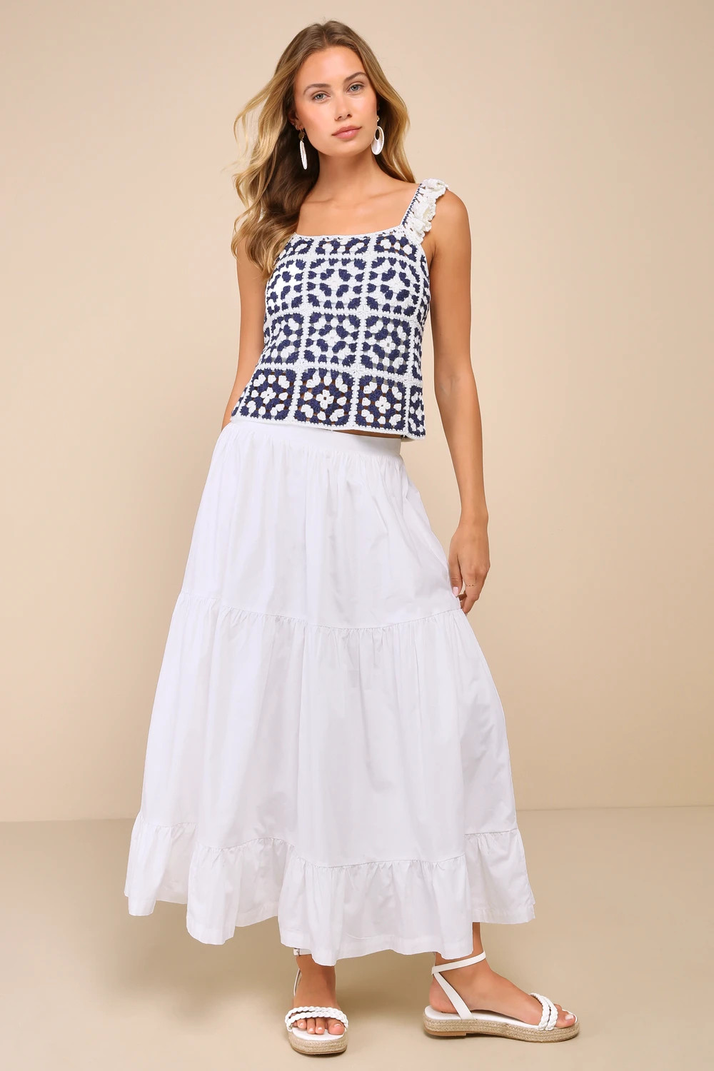 Oh-So Sunny Ivory and Blue Ruffled Crochet Sleeveless Top | Lulus