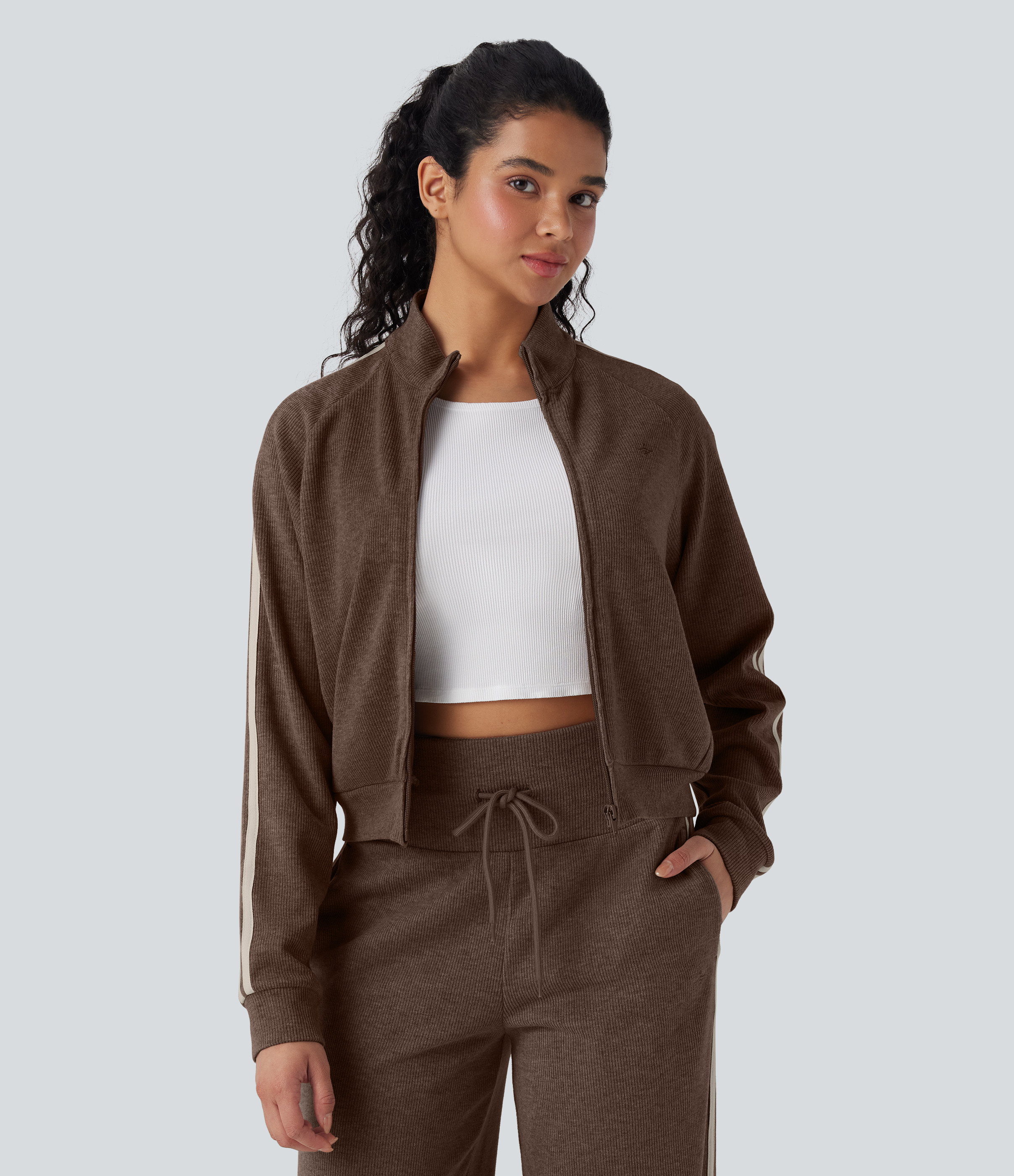 Halara Ribbed Stand Collar Long Sleeve Zipper Color Block Casual Jacket with Pockets - Chestnut - L | HALARA