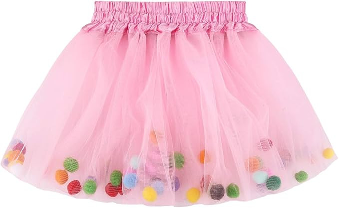 Tutu Skirt for Girl Fluffy Toddler Tulle Tutus, 3 Layers with Pom Pom Puff Balls | Amazon (US)