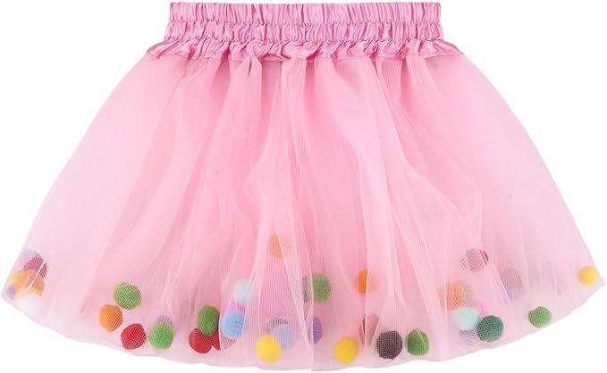 Tutu Skirt for Girl Fluffy Toddler Tulle Tutus, 3 Layers with Pom Pom Puff Balls | Amazon (US)