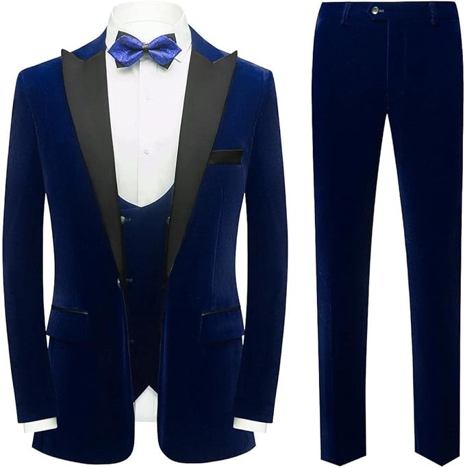 Mens Velvet 3 Piece Suits Slim Fit Peaked Lapel One Button Tuxedo Dinner Jacket Vest Pants Suit S... | Amazon (US)