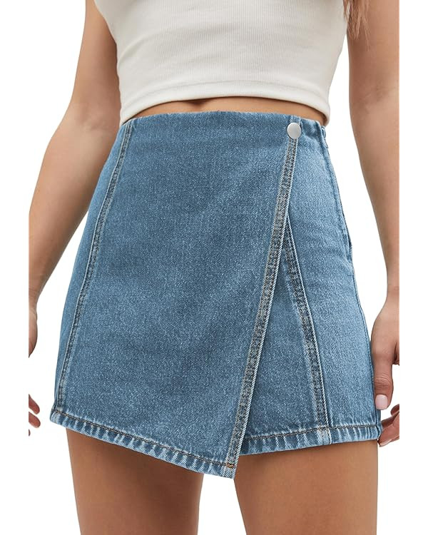 PLNOTME Womens Denim Skorts High Waisted Casual Summer Asymmetrical Hem Stretchy Criss Cross Jean... | Amazon (US)