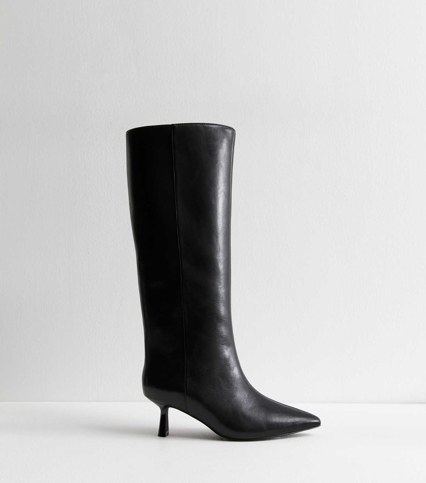 Black Leather Look Kitten Heel Knee High Boots | New Look | New Look (UK)