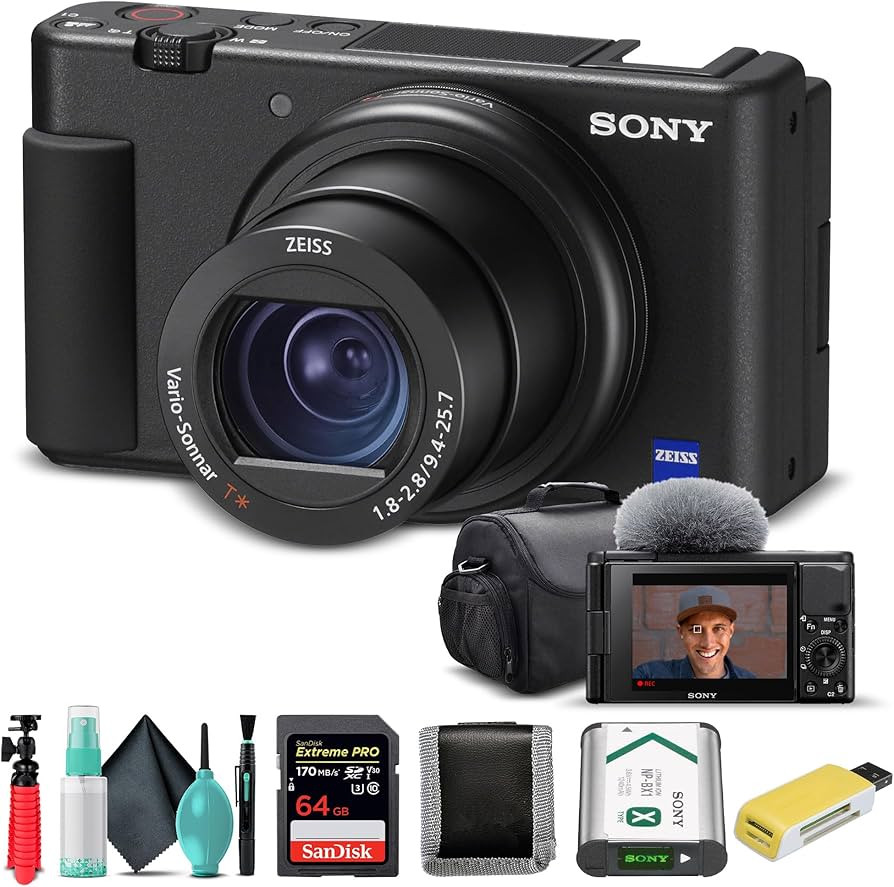 Sony ZV-1 Digital Camera Black DCZV1/B, 64GB Memory Card, Card Reader, Deluxe Soft Bag, Flex Trip... | Amazon (US)