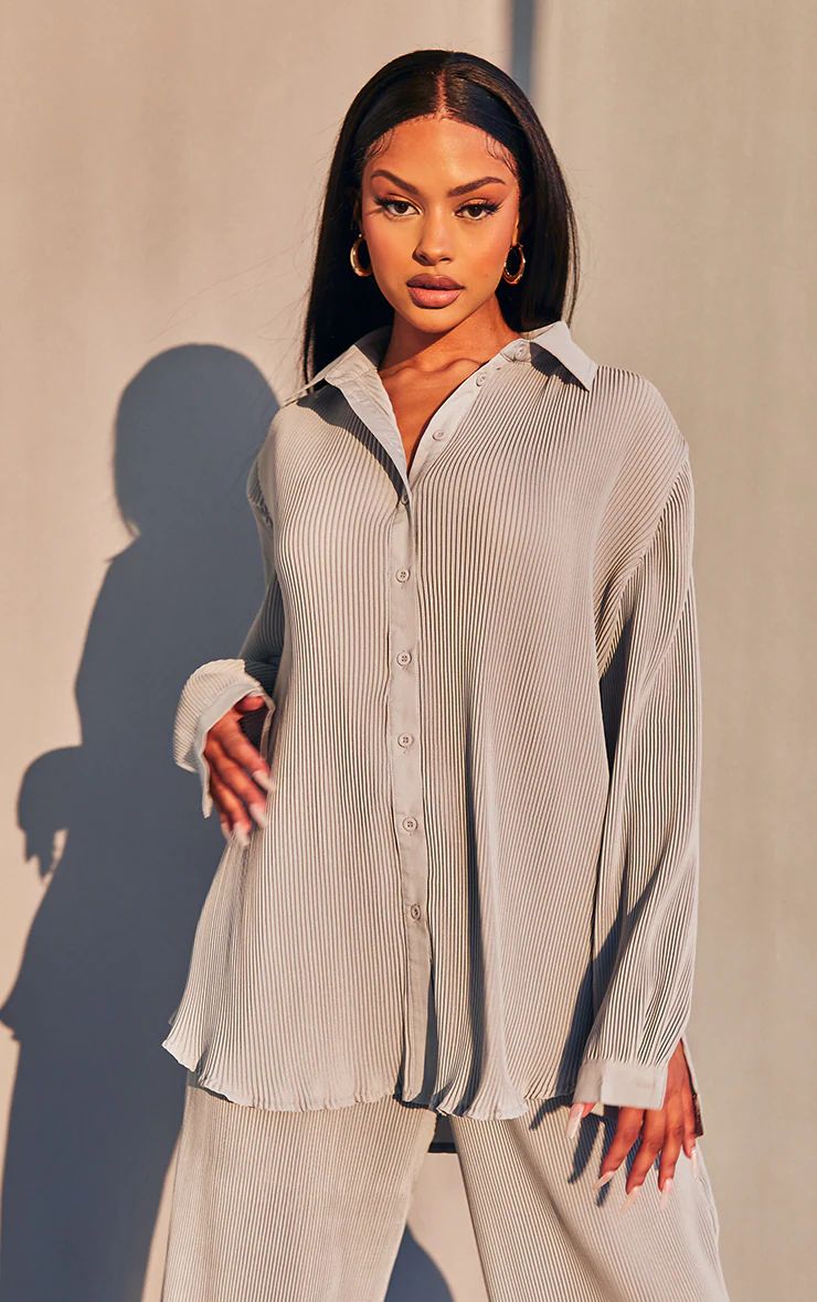 Light Grey Plisse Button Front Oversized Shirt | PrettyLittleThing US