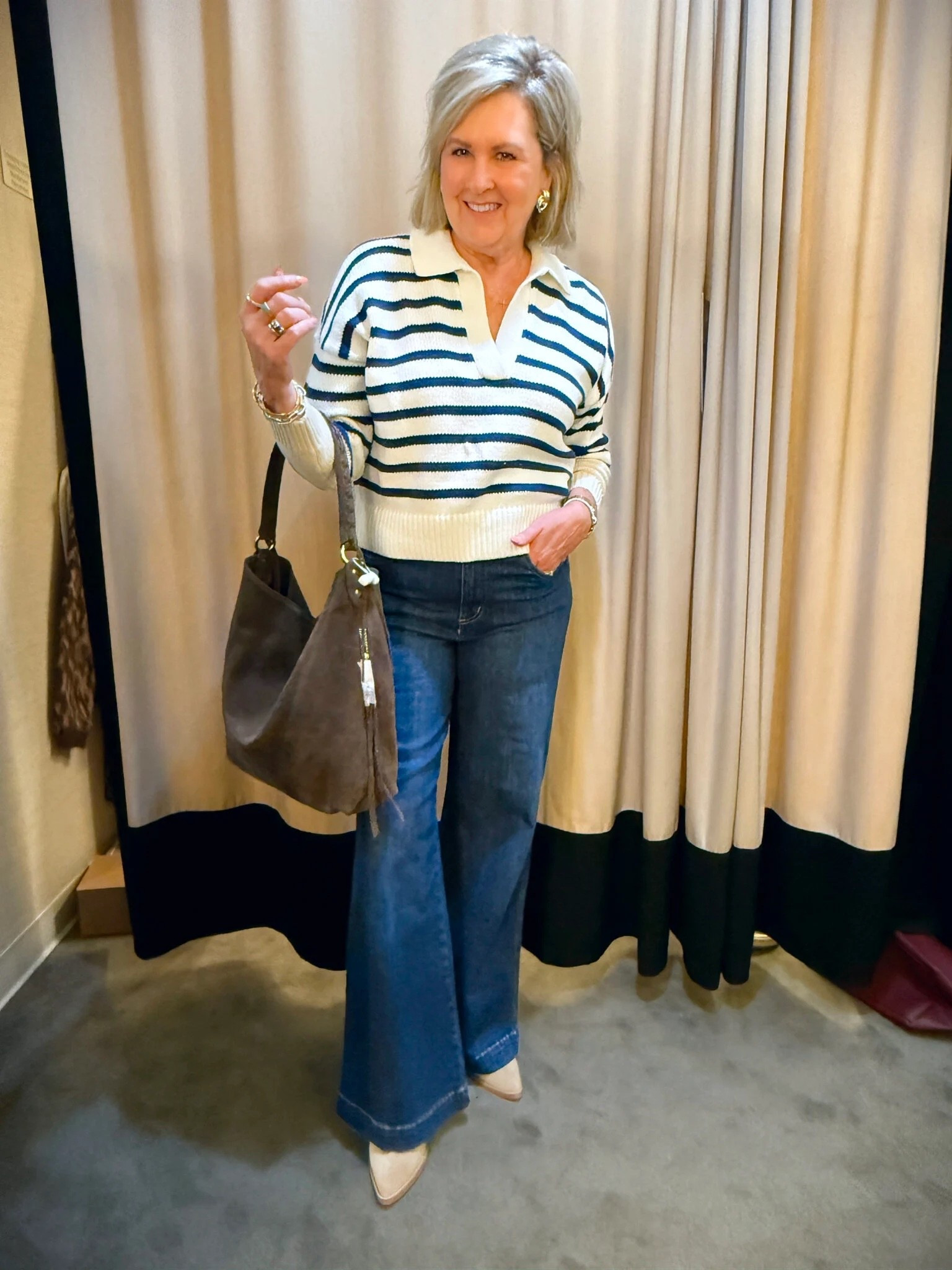 I love this outfit for everyday! These wide leg trouser jeans will be on repeat this Fall. Striped polo sweater size large | trouser jeans size 29 | suede hobo bag 

#LTKSaleAlert #LTKMidsize #LTKOver40