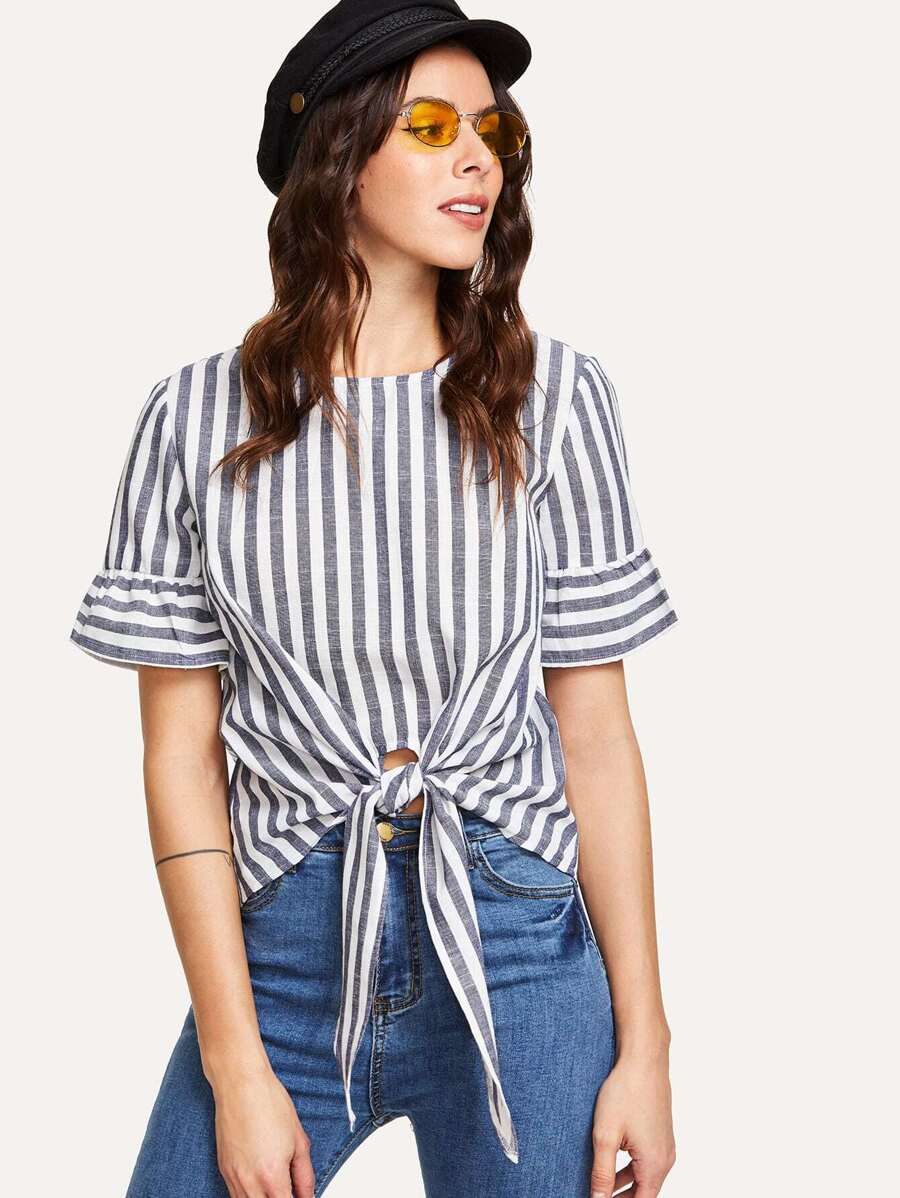 Knot Front Keyhole Back Flounce Sleeve Striped Top | SHEIN